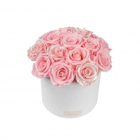 BOUQUET WITH 15 ROSES -WHITE CERAMIC POT WITH  BRIDAL PINK & PEARL PINK ROSES