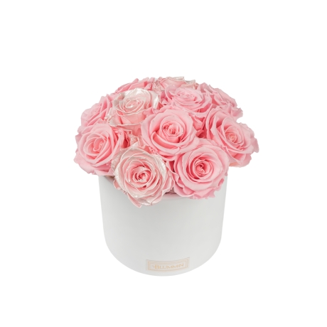 BOUQUET WITH 11 ROSES - WHITE CERAMIC POT WITH  BRIDAL PINK & PEARL PINK ROSES