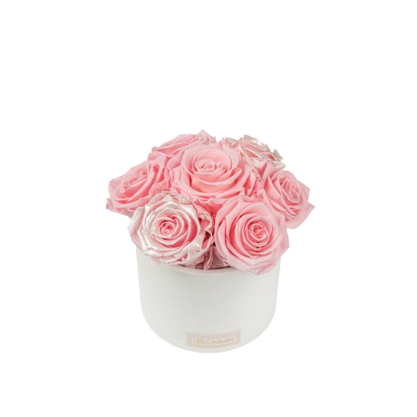 BOUQUET WITH 7 ROSES -WHITE CERAMIC POT WITH  BRIDAL PINK & PEARL PINK ROSES