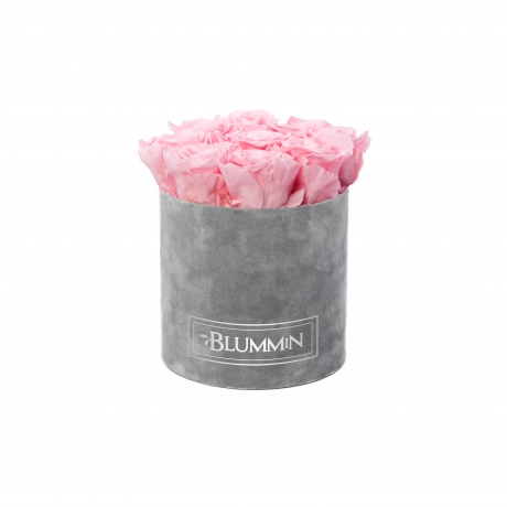 MEDIUM VELVET LIGHT GREY BOX WITH BRIDAL PINK ROSES