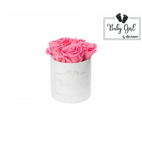 BABY GIRL - WHITE VELVET BOX WITH 5 BABY PINK ROSES