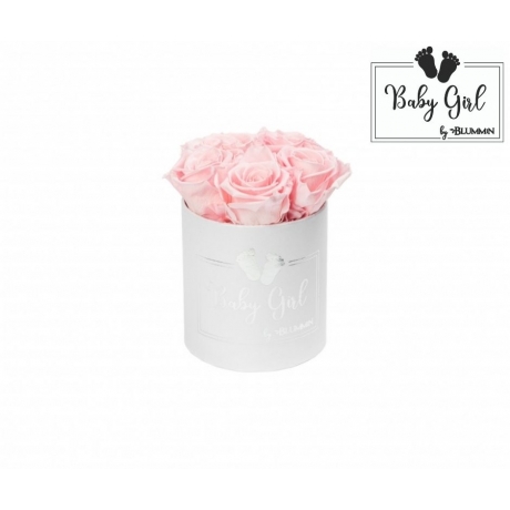 BABY GIRL - WHITE BOX WITH 5 BRIDAL PINK ROSES 