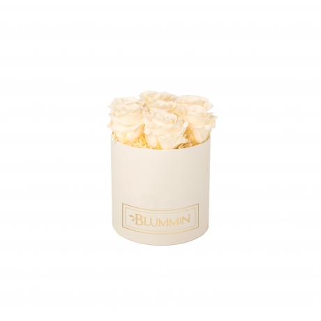 SMALL BLUMMIN CREAM WHITE BOX WITH CHAMPAGNE ROSES