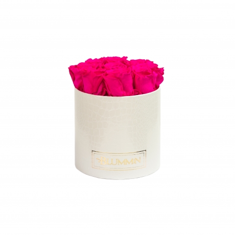 MEDIUM WHITE LEATHER BOX WITH HOT PINK ROSES