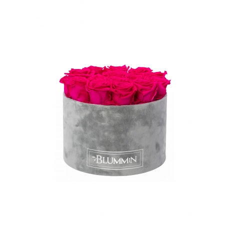 LARGE BLUMMIN LIGHT GREY VELVET BOX HOT PINK ROSES