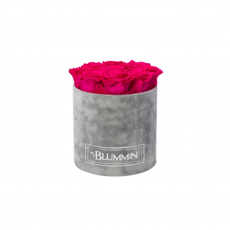 MEDIUM VELVET LIGHT GREY BOX WITH HOT PINK ROSES