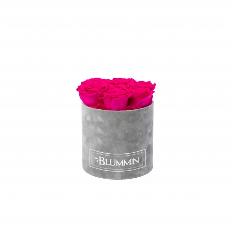 SMALL VELVET LIGHT GREY BOX WITH HOT PINK ROSES