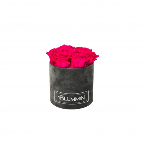 SMALL VELVET DARK GREY BOX WITH HOT PINK ROSES