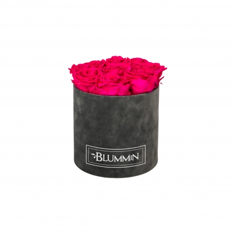  MEDIUM BLUMMIN DARK GREY VELVET BOX WITH HOT PINK ROSES