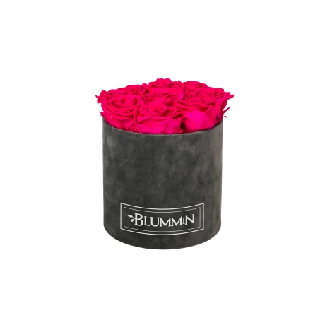 MEDIUM VELVET DARK GREY BOX WITH HOT PINK ROSES