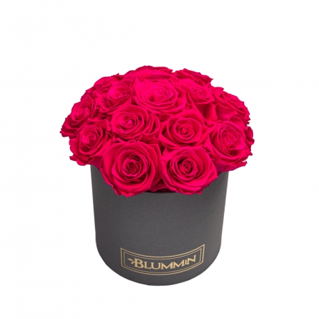  BOUQUET WITH 15 ROSES - MEDIUM BLUMMIN DARK GREY BOX WITH HOT PINK ROSES