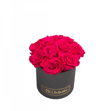 BOUQUET WITH 11 ROSES - SMALL BLUMMiN DARK GREY BOX WITH HOT PINK ROSES