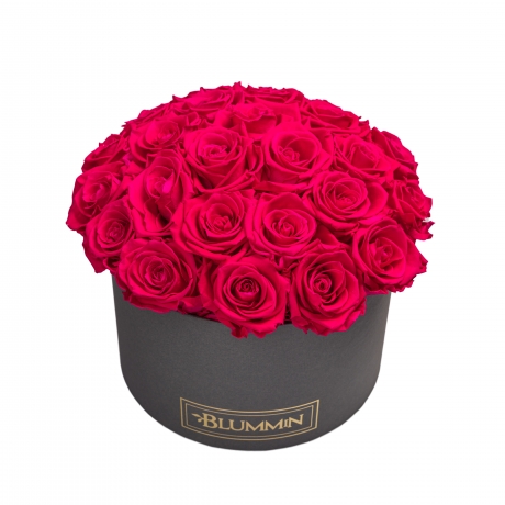 BOUQUET  WITH 25 ROSES - LARGE BLUMMIN DARK GREY BOX WITH HOT PINK ROSES