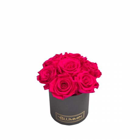 BOUQUET WITH 7 ROSES - MIDI DARK GREY BOX WITH HOT PINK ROSES