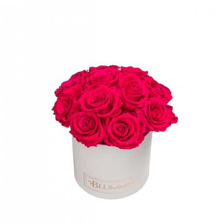 BOUQUET WITH 11 ROSES - SMALL BLUMMiN WHITE LEATHER BOX WITH HOT PINK ROSES