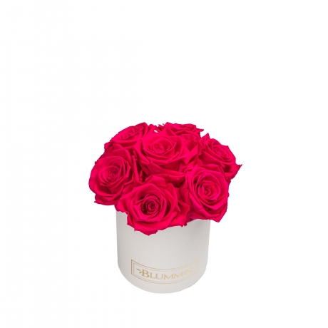 BOUQUET WITH 7 ROSES - MIDI WHITE LEATHER BOX WITH HOT PINK ROSES