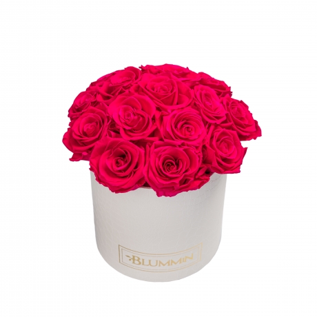  BOUQUET WITH 15 ROSES - MEDIUM BLUMMIN WHITE LEATHER BOX WITH HOT PINK ROSES
