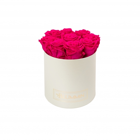 MEDIUM CREAMY BOX WITH HOT PINK ROSES