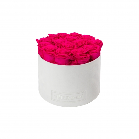 LARGE BLUMMIN WHITE VELVET BOX WITH HOT PINK ROSES