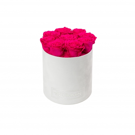 MEDIUM BLUMMIN WHITE VELVET BOX WITH HOT PINK ROSES