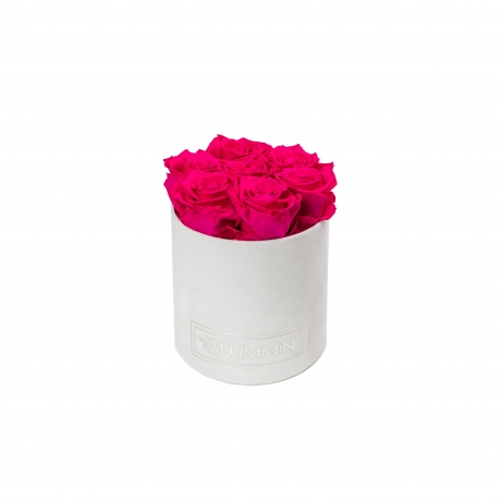 SMALL BLUMMIN WHITE VELVET BOX WITH HOT PINK ROSES
