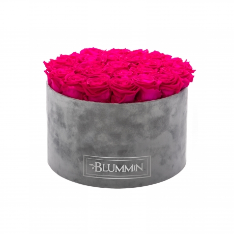 EXTRA LARGE BLUMMIN LIGHT GREY VELVET BOX WITH HOT PINK ROSES