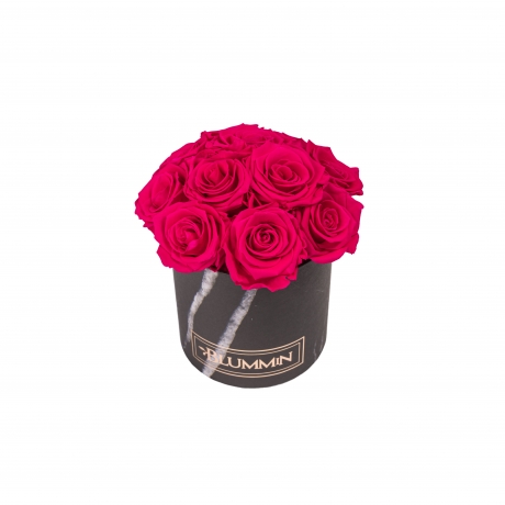BOUQUET WITH 11 ROSES - SMALL BLUMMiN BLACK MARBLE BOX WITH HOT PINK ROSES
