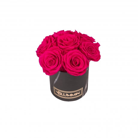 BOUQUET WITH 7 ROSES - MIDI BLACK MARBLE BOX WITH HOT PINK ROSES