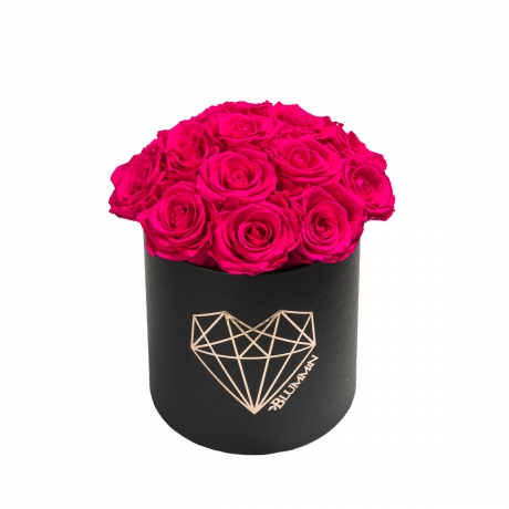 BOUQUET WITH 15 ROSES - MEDIUM LOVE BLACK BOX WITH HOT PINK ROSES