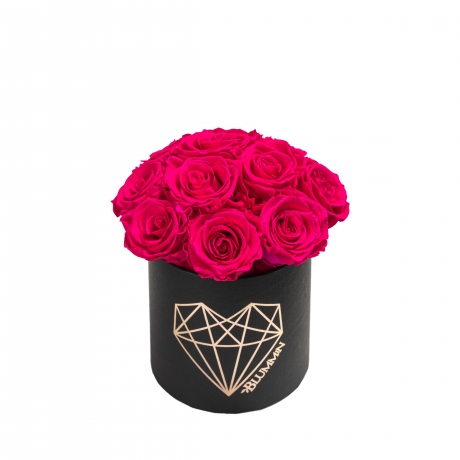 BOUQUET  WITH 11 ROSES - SMALL LOVE BLACK BOX WITH HOT PINK ROSES