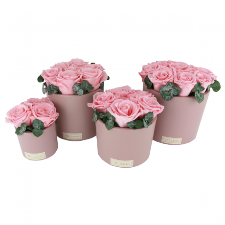 PINK CERAMIC POT WITH BRIDAL PINK ROSES AND EUCALYPTUS