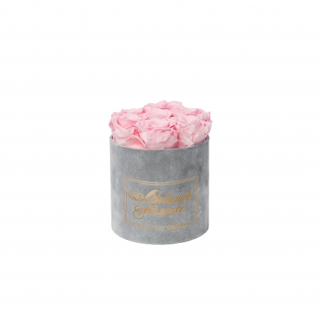 -20% ЛЮБИМОЙ МАМОЧКЕ - SMALL LIGHT GREY VELVET BOX WITH BRIDAL PINK ROSES