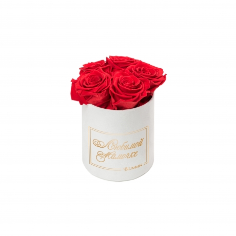 ЛЮБИМОЙ МАМОЧКЕ - MIDI WHITE VELVET BOX WITH VIBRANT RED ROSES