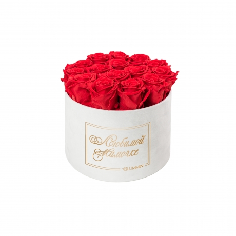 -20% ЛЮБИМОЙ МАМОЧКЕ - LARGE (17 ROSES) WHITE VELVET BOX WITH VIBRANT RED ROSES