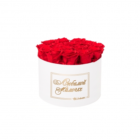 ЛЮБИМОЙ МАМОЧКЕ - LARGE (17 ROSES) WHITE BOX WITH VIBRANT RED ROSES