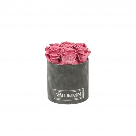 SMALL DARK GREY VELVET BOX WITH VINTAGE PINK ROSES