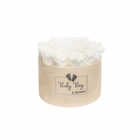 BABY BOY LARGE - NUDE VELVET BOX WITH WHITE ROSES 