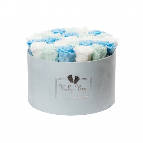 BABY BOY - EXTRA LARGE LIGHT BLUE VELVET BOX WITH MIX (WHITE, BABY BLUE, MINT) ROSES