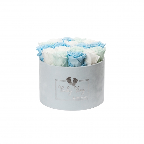 BABY BOY - LARGE LIGHT BLUE VELVET BOX WITH MIX (WHITE, BABY BLUE, MINT) ROSES