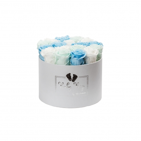 BABY BOY - LARGE WHITE BOX WITH MIX (WHITE, BABY BLUE, MINT) ROSES