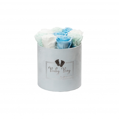 BABY BOY - MEDIUM LIGHT BLUE VELVET BOX WITH MIX (WHITE, BABY BLUE, MINT) ROSES