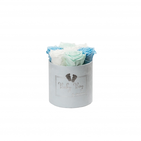 BABY BOY - SMALL LIGHT BLUE VELVET BOX WITH MIX (WHITE, BABY BLUE, MINT) ROSES