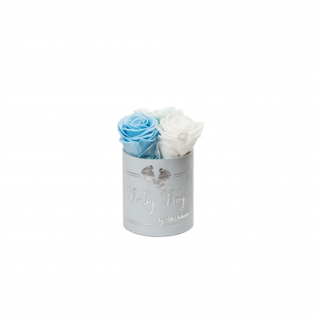 BABY BOY - XS LIGHT BLUE VELVET BOX WITH MIX (WHITE, BABY BLUE, MINT) ROSES