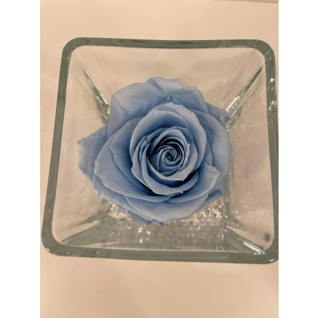 GLASS VASE WITH BABY BLUE ROSE AND CRYSTALS (10x10 cm)