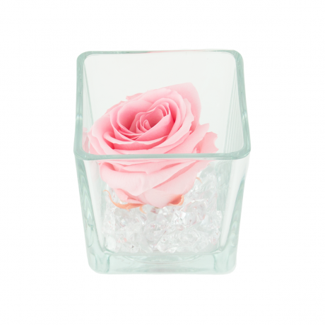 GLASS VASE WITH BRIDAL PINK ROSE AND CRYSTALS (10x10 cm)