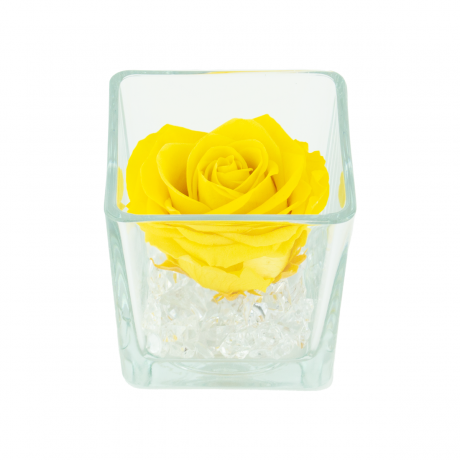 GLASS VASE WITH BRIGHT YELLOW ROSE AND CRYSTALS (10x10 cm)