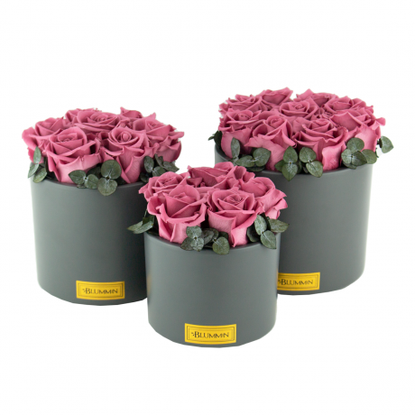 DARK GREY CERAMIC POT WITH VINTAGE PINK ROSES AND EUCALYPTUS