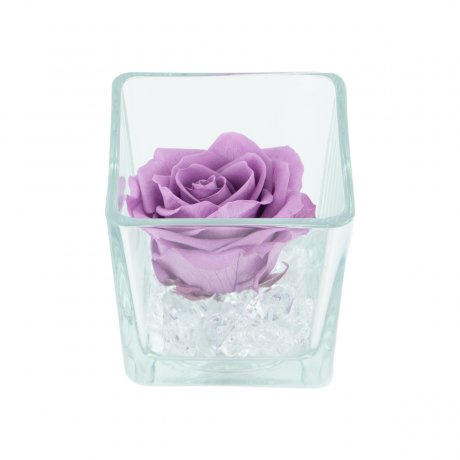 GLASS VASE WITH LILAC ROSE AND CRYSTALS (10x10 cm)