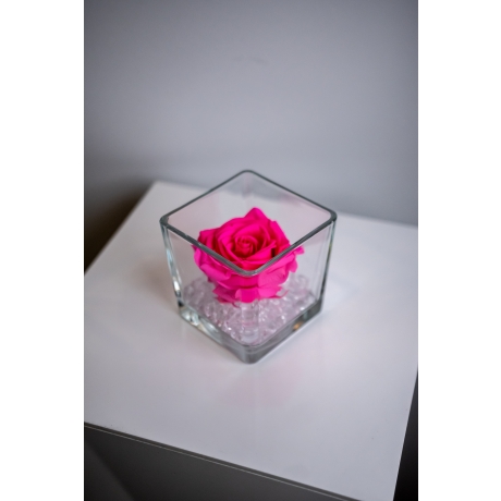 GLASS VASE WITH HOT PINK ROSE AND CRYSTALS (10x10 cm)