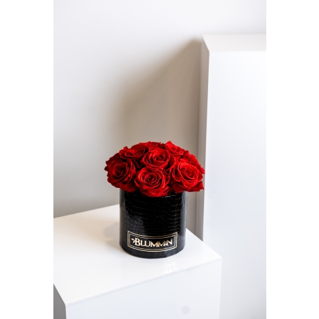 BOUQUET  WITH 11 ROSES - SMALL BLACK LEATHER BOX WITH VIBRANT RED ROSES